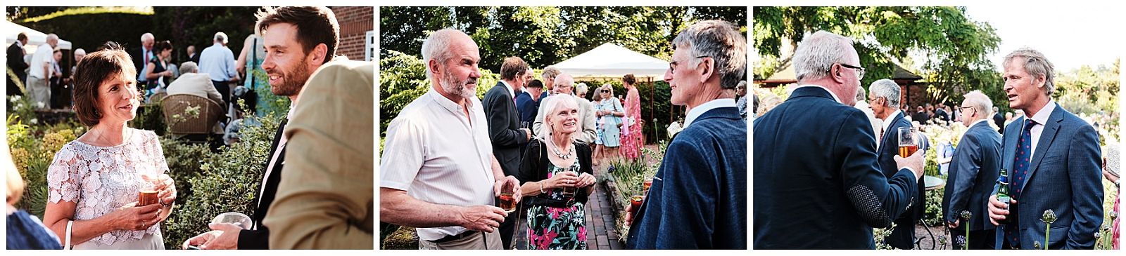 Candid photographs of the guests enjoying the wedding drinks reception in the summer sun at Goldstone Hall in Shropshire by Documentary Wedding Photographer Stuart James