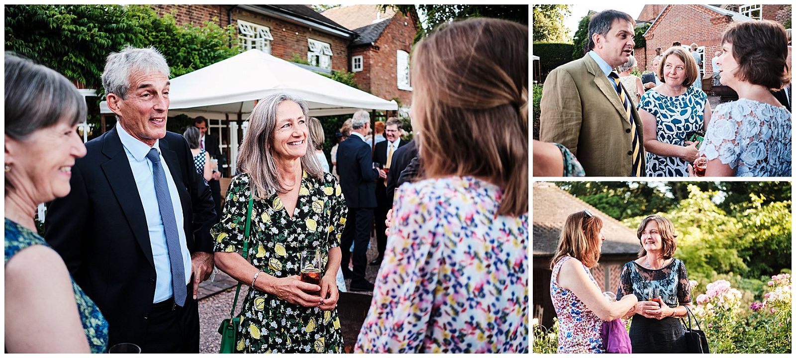 Reportage photographs capturing guests greeting each other for the wedding reception at Goldstone Hall in Shropshire by Documentary Wedding Photographer Stuart James