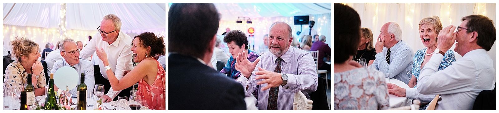 Natural photographs of the guests enjoying the wedding breakfast and evenings celebrations at Goldstone Hall in Shropshire by Documentary Wedding Photographer Stuart James
