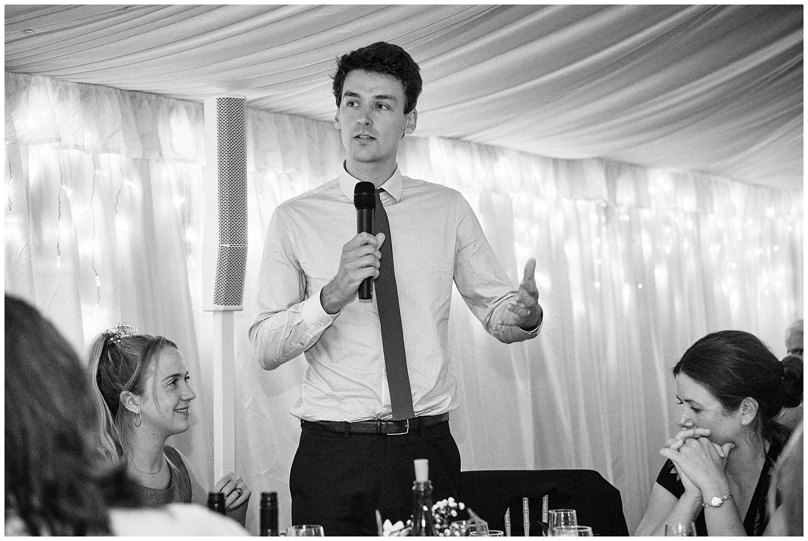Time for the grooms son to take centre stage as best man to a rousing reception at Goldstone Hall in Shropshire by Documentary Wedding Photographer Stuart James