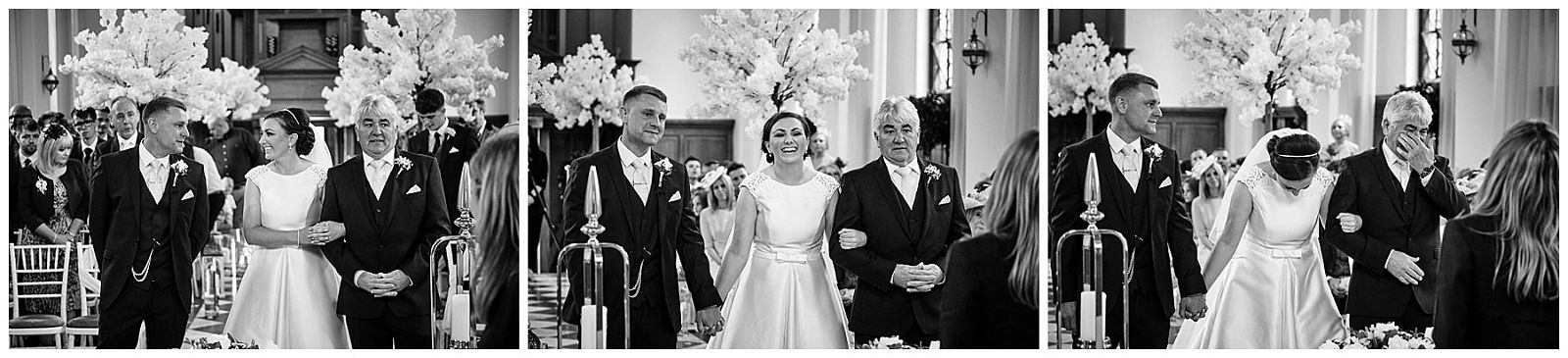 Photographs that capture the story and emotion as the bridal party make their entrance to the wedding ceremony in the Chapel at Hawkstone Hall in Shrewsbury by Documentary Wedding Photographer Stuart James