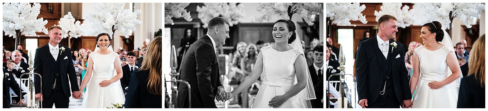Beautiful moments as the bride and groom look at each other with laughter and love during the wedding ceremony at Hawkstone Hall in Shrewsbury by Documentary Wedding Photographer Stuart James