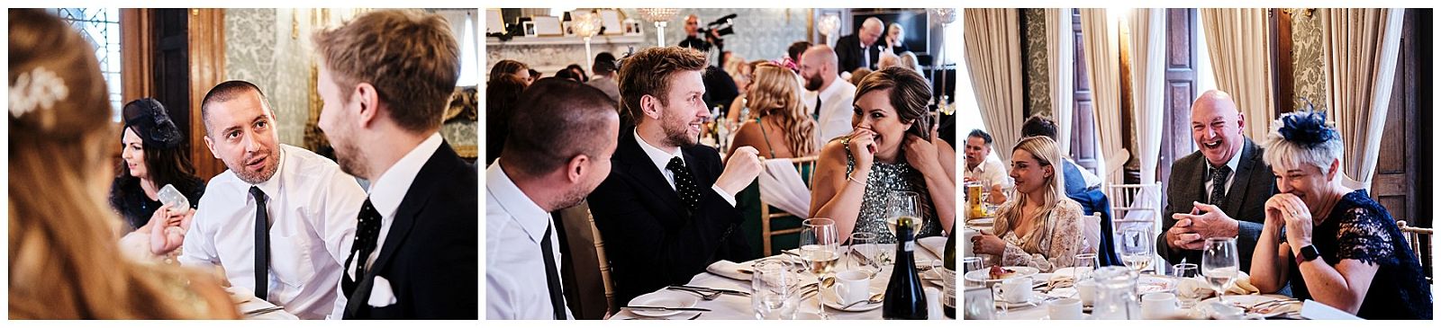 Natural candid photos capturing the guests relaxing and having fun during the wedding breakfast at Hawkstone Hall in Shrewsbury by Documentary Wedding Photographer Stuart James